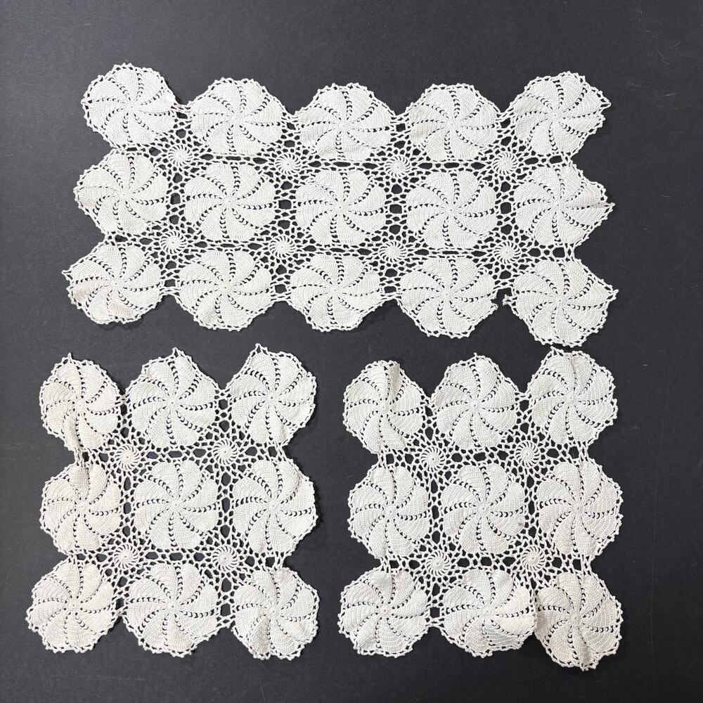 White Doily Rectangle Chair Back Floral Ivory Vintage Cottage Cabin Set of Three